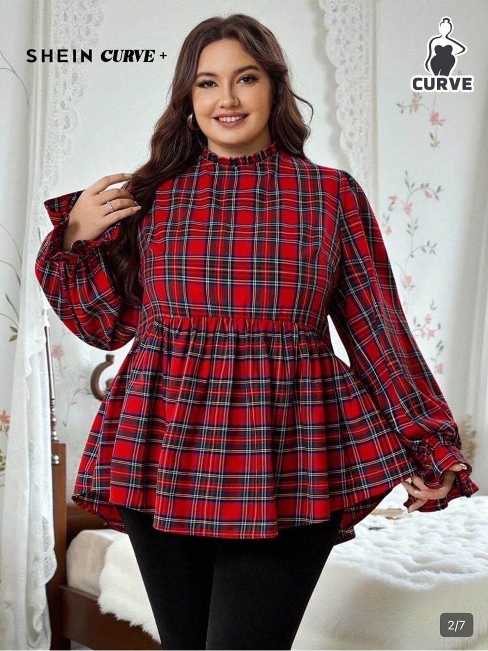 SHEIN Red Plaid Peplum Long-Sleeve Blouse